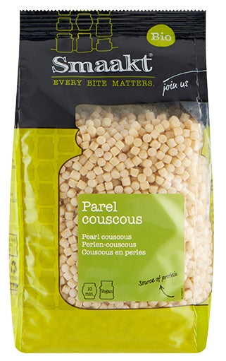 Cuscus bob mare bio 400g Smaakt, ambalaj negru și verde, din grâu dur, ecologic.