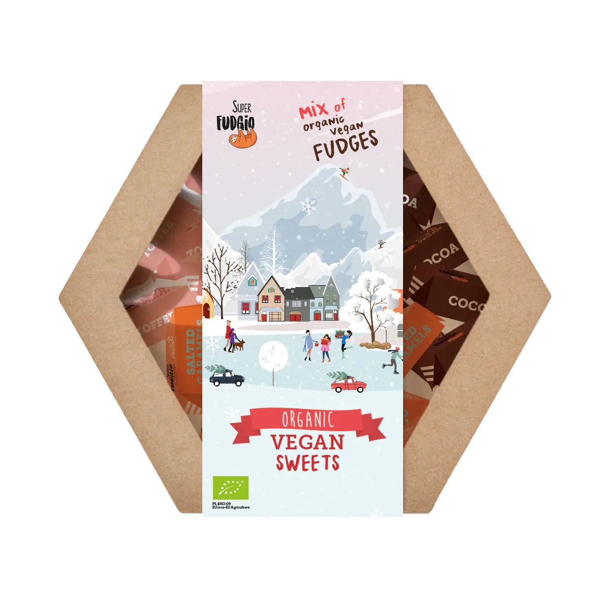 Cutie cadou Crăciun Super Fudgio cu caramele vegane asortate, ambalaj carton bej, design festiv iarnă.