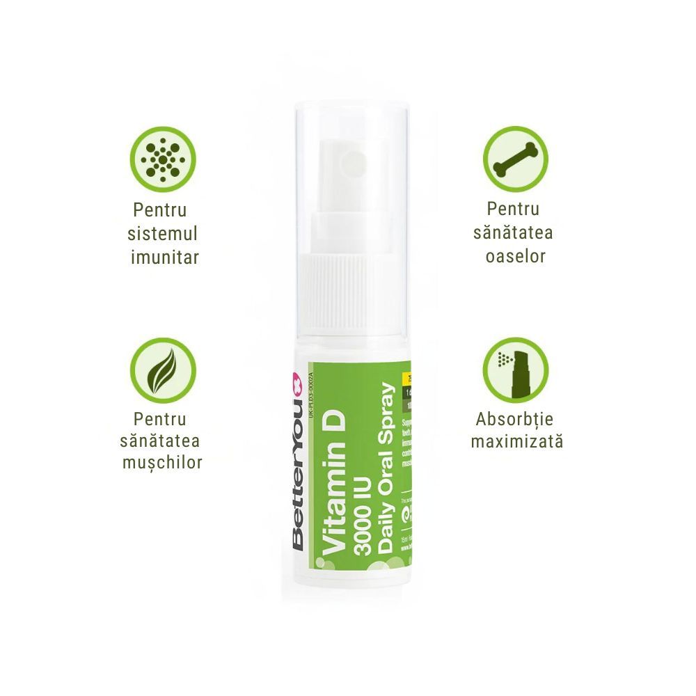 Spray oral D3000 Vitamin D BetterYou, flacon plastic alb-verde, 15 ml, pentru sănătatea oaselor și imunitate.