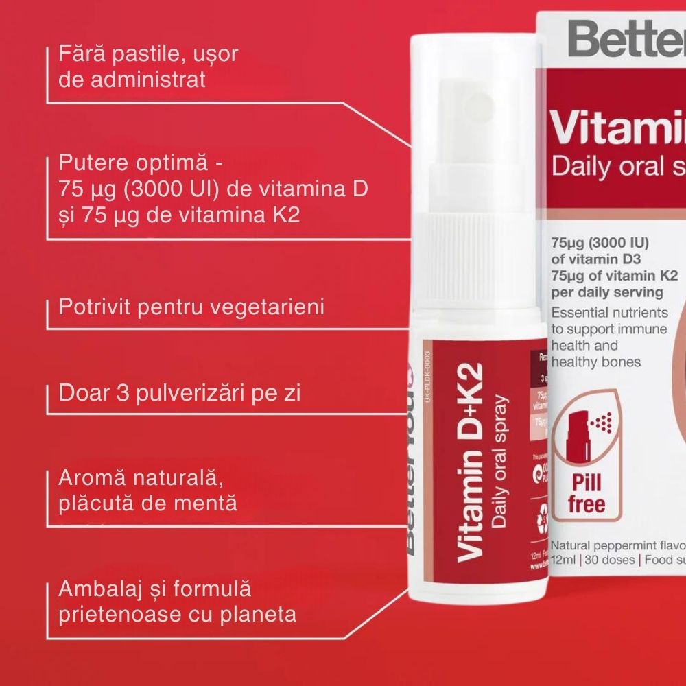 Spray oral D3000+K2 BetterYou, ambalaj alb și roșu, 12 ml, textură compoziție lichidă, etichetă informativă.