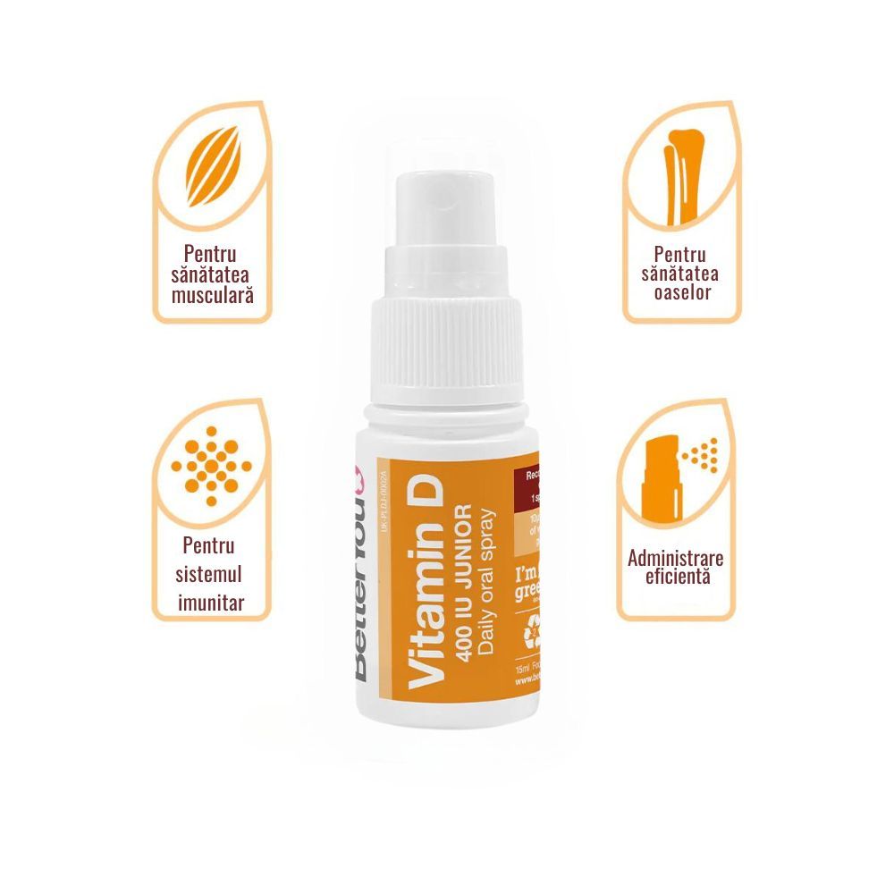 Spray oral junior BetterYou D400, flacon alb cu etichetă portocalie, capacitate 15 ml, vitamina D pentru imunitate.
