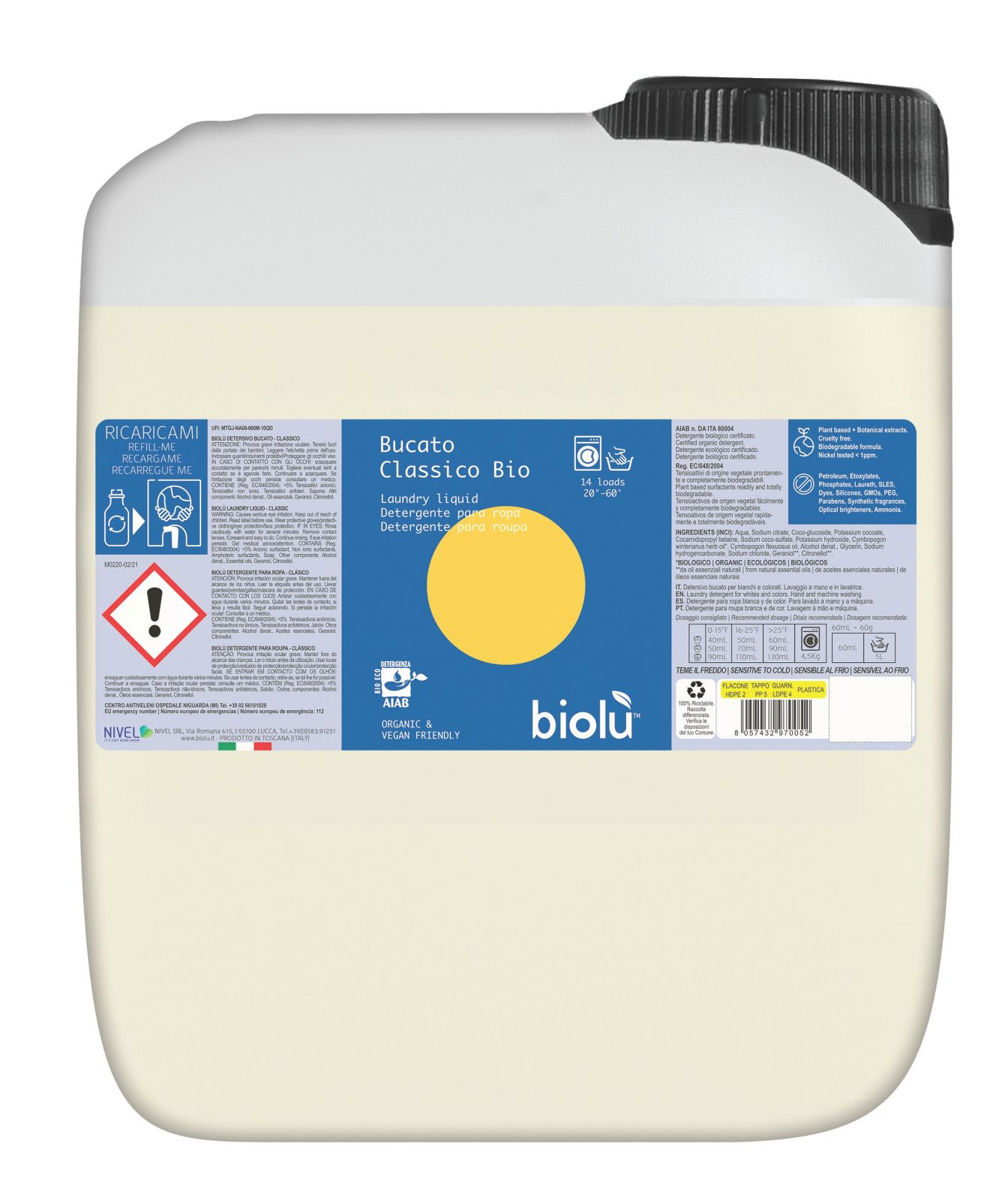 Detergent ecologic lichid Biolu 5L lamaie, etichetă albastră cu detalii produs.