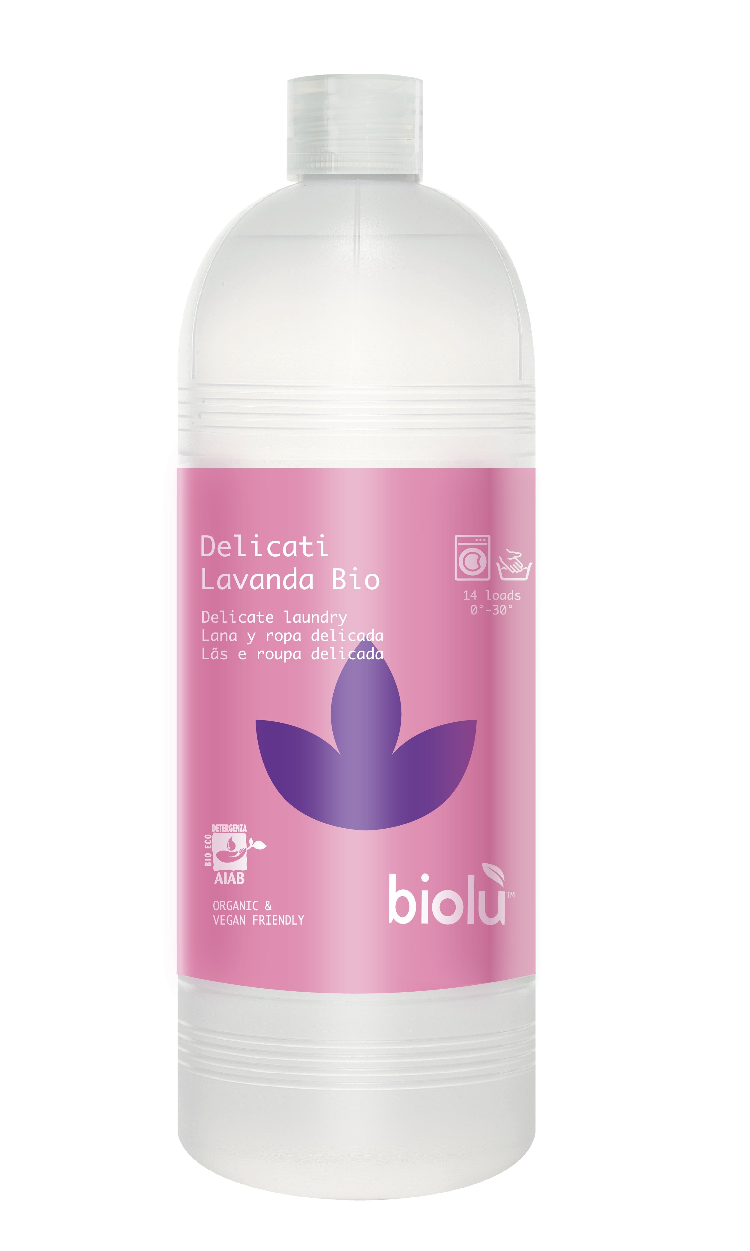 Detergent ecologic Biolu pentru rufe delicate, 1L, etichetă roz-lila, ulei lavanda.