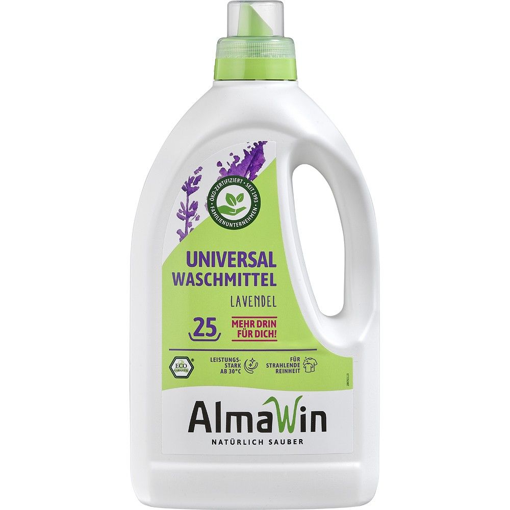 Detergent lichid universal lavanda AlmaWin 1.5L, testat dermatologic, eco-friendly, curățare eficientă.