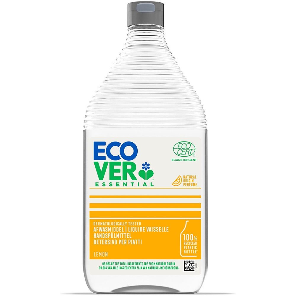 Detergent lichid pentru vase Ecover 950ml, sticla plastic, etichetă galbenă, parfum natural de lămâie.