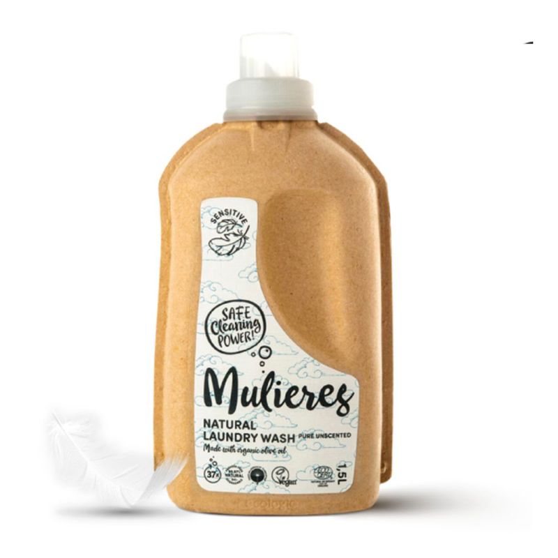 Detergent pentru rufe naturale Mulieres 1.5L, ambalaj eco maro cu etichetă albă.