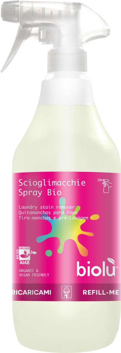 Detergent pentru scos pete Biolu 1L, spray ecologic, etichetă roz, capac transparent.