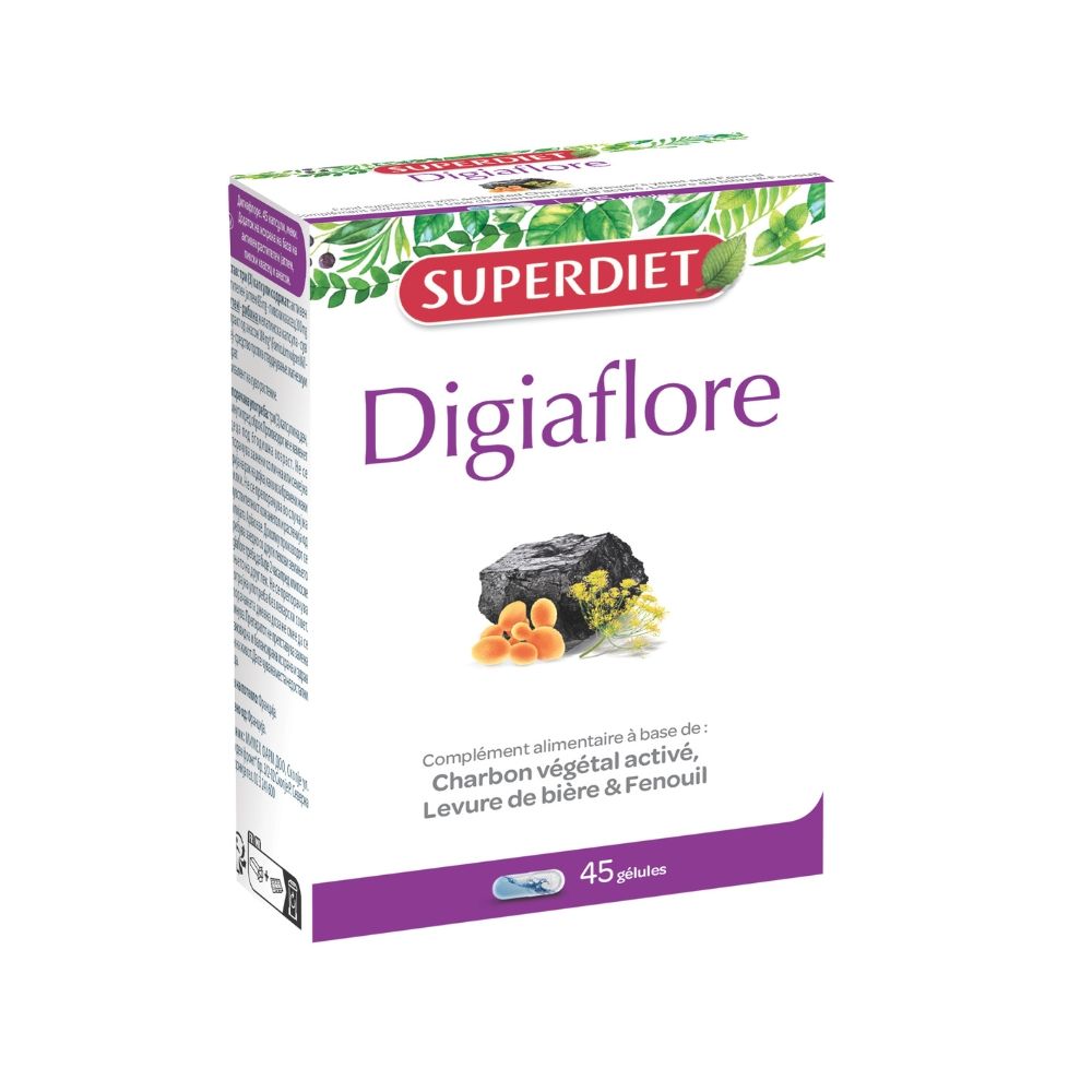DIGIAFLORE CARBUNE ACTIV SI DROJDIE, cutie 45 capsule, SUPERDIET, alb și violet.