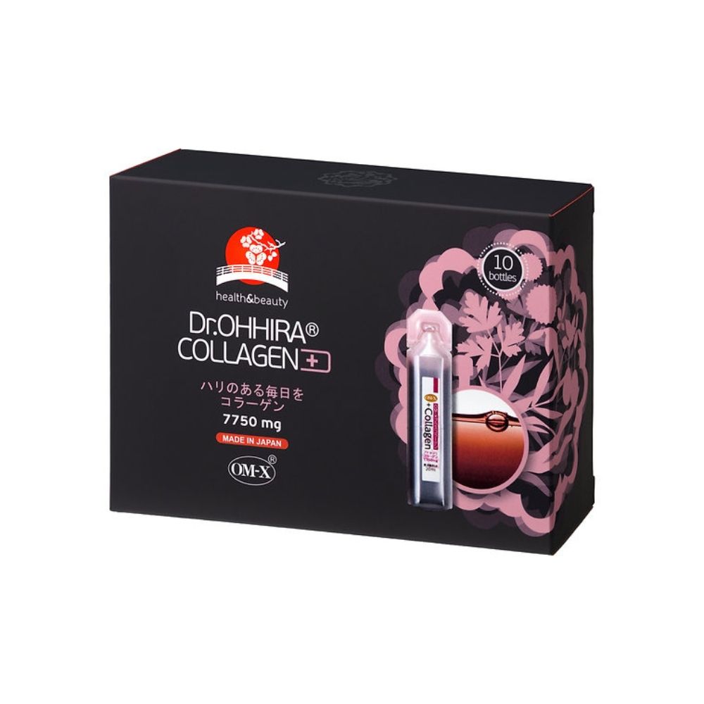 Dr.Ohhira® Anti Age Colagen OM-X® cutie neagră cu fiole, design floral roz, carton lucios