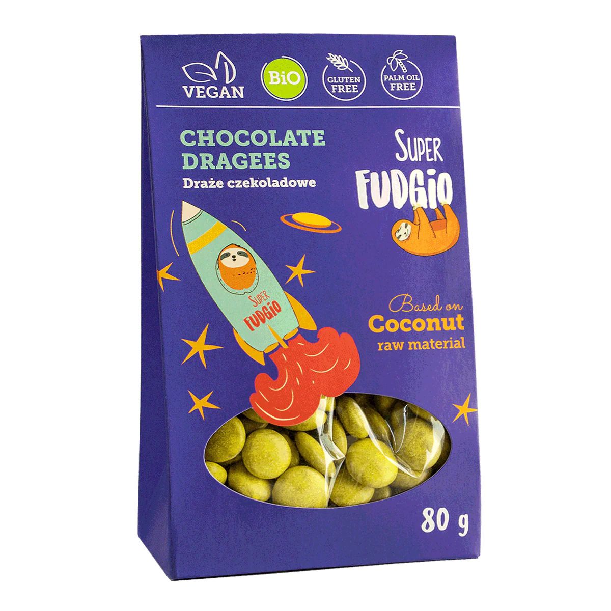 Drajeuri de ciocolată bio cu cocos, 80g, ambalaj violet Super Fudgio vegan.