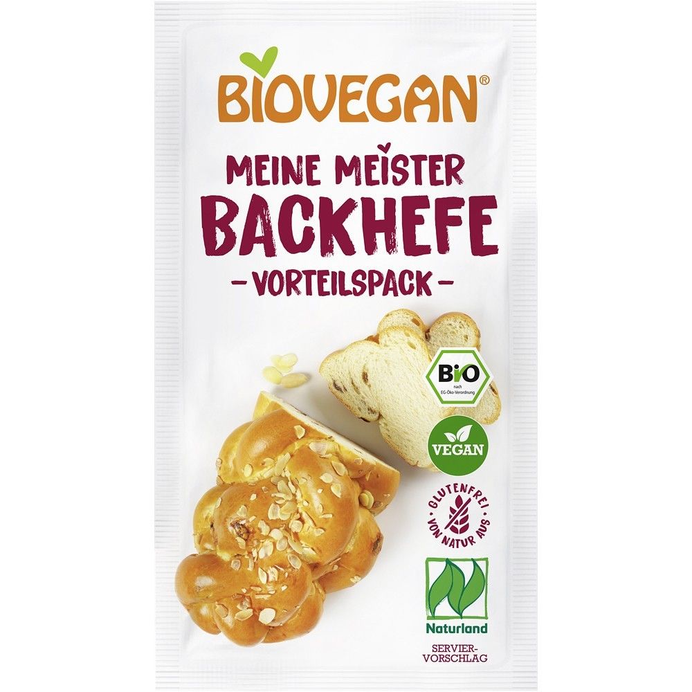 Pachet Biovegan drojdie uscată bio fără gluten, 7g, cu imagini pâine și chifle.