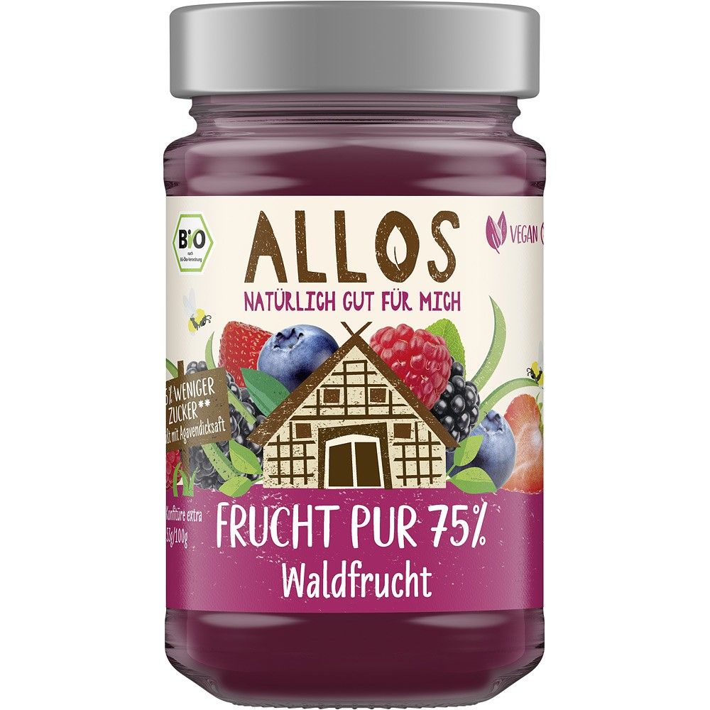 Dulceata bio de fructe de padure Allos 250g cu zmeura, coacaze si sirop de agave, borcan cu capac argintiu.