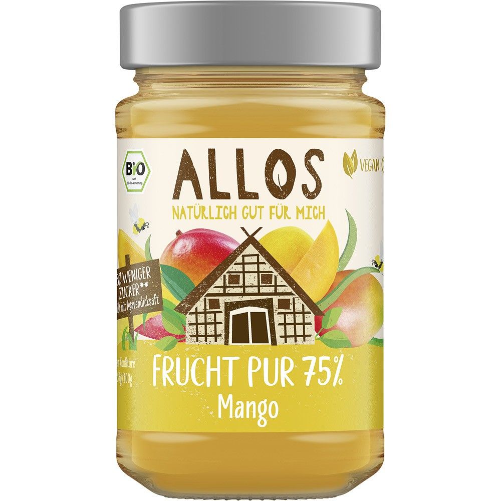 Dulceata bio de mango Allos 250g, cu etichetă decorată, capac argintiu.
