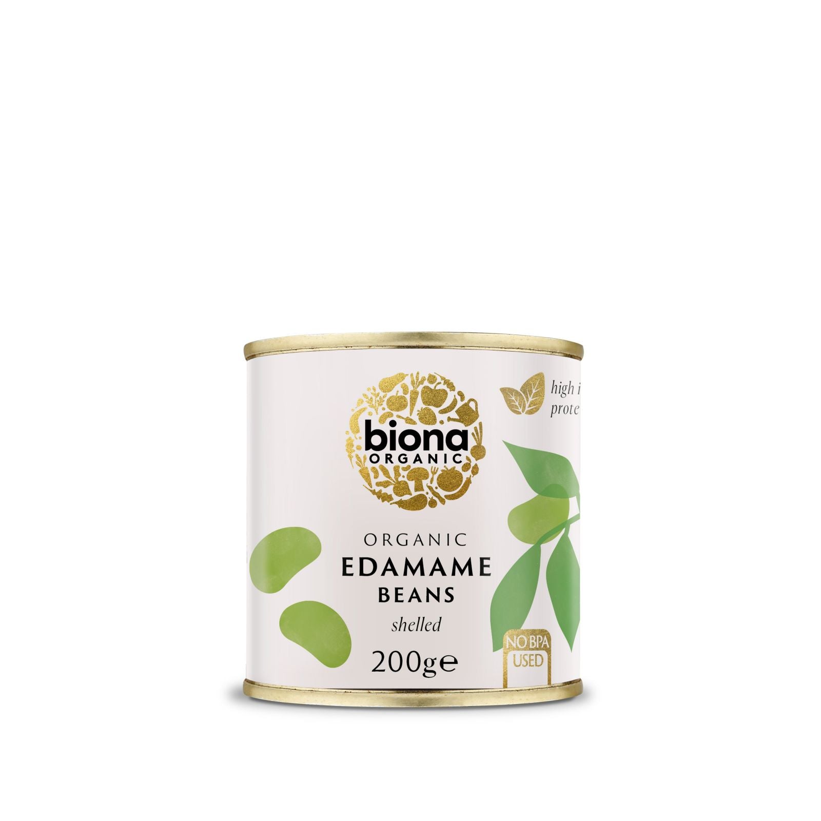 Conservă edamame bio Biona 200g, metalică, etichetă albă și detalii verzi, fără BPA.