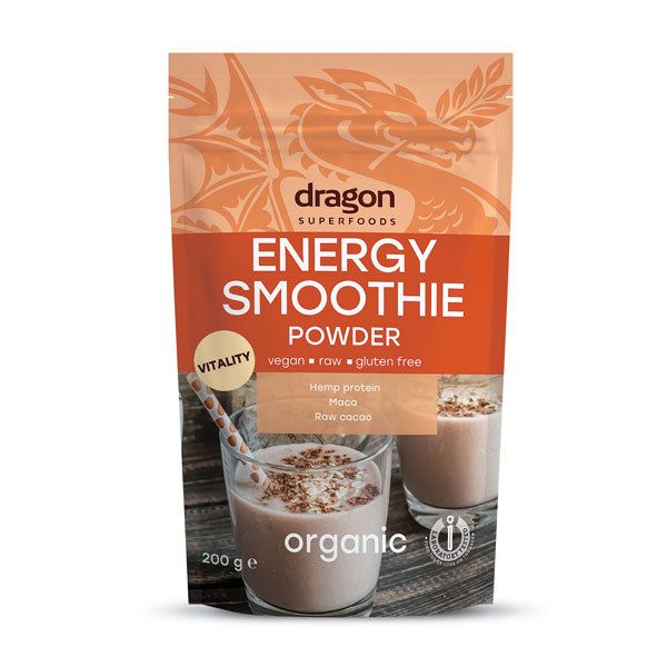 Pachet Energy Smoothie pulbere raw eco Dragon Superfoods 200g, vegan, cu proteine de cânepă, cacao și maca.