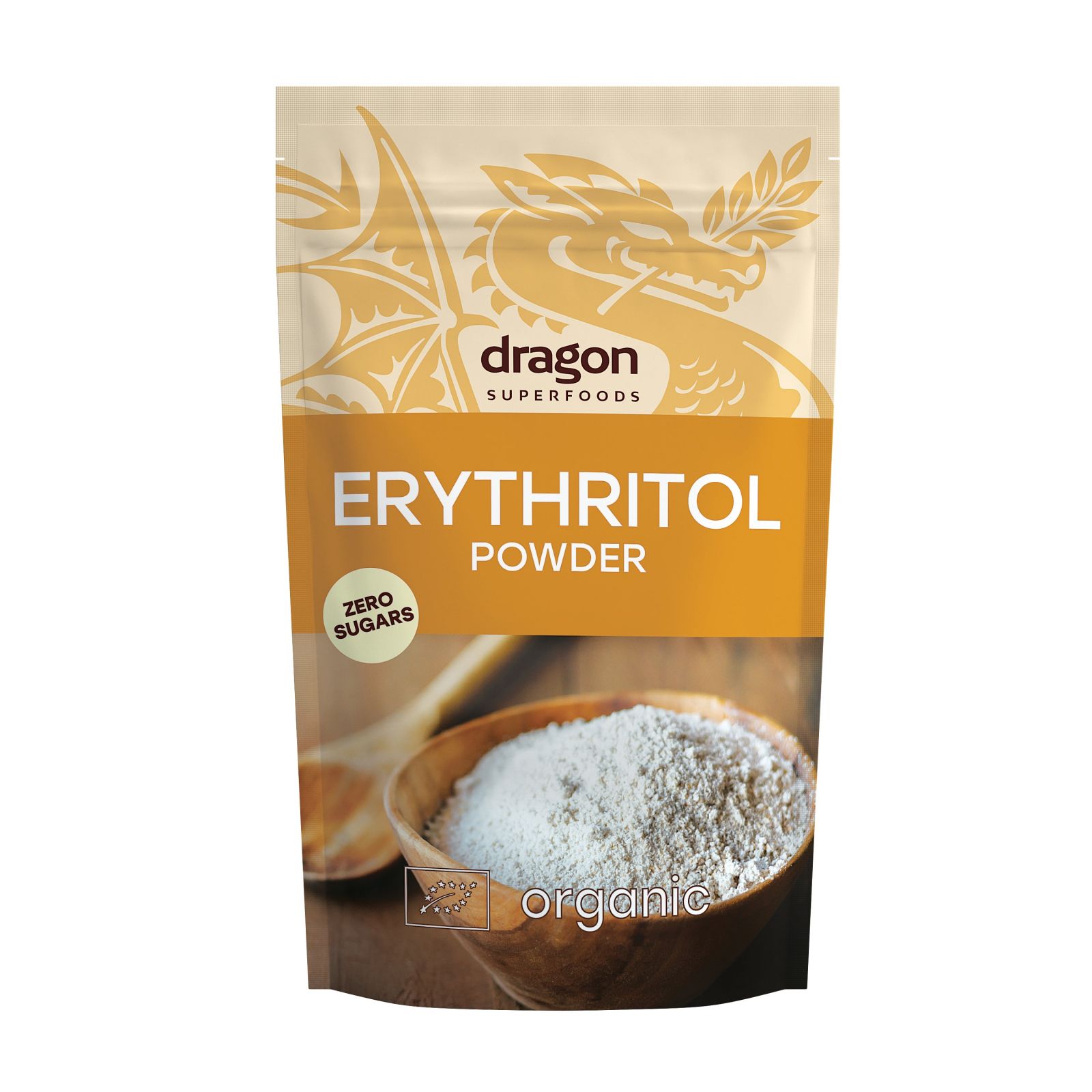 Erythritol îndulcitor bio 250g, pudră albă organică în ambalaj maro, fără zahăr.
