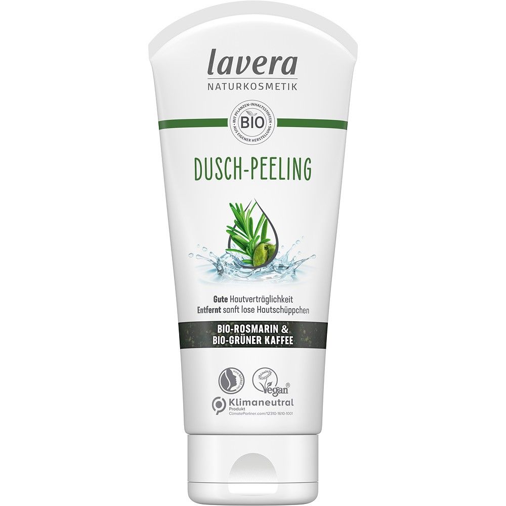 Exfoliant pentru duș Lavera cu rozmarin bio și cafea verde, 200ml, ambalaj alb.