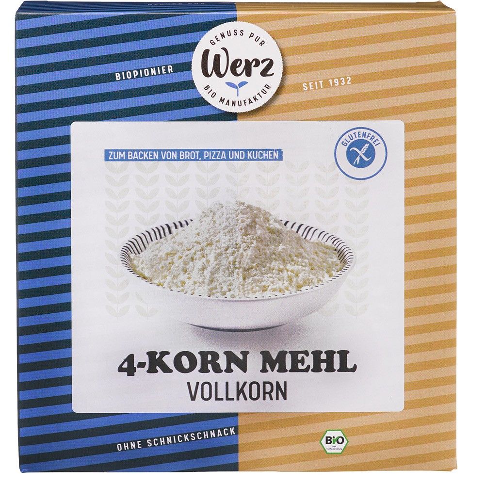 Faină bio integrală fără gluten Werz, 4 cereale, 500g, ambalaj colorat.