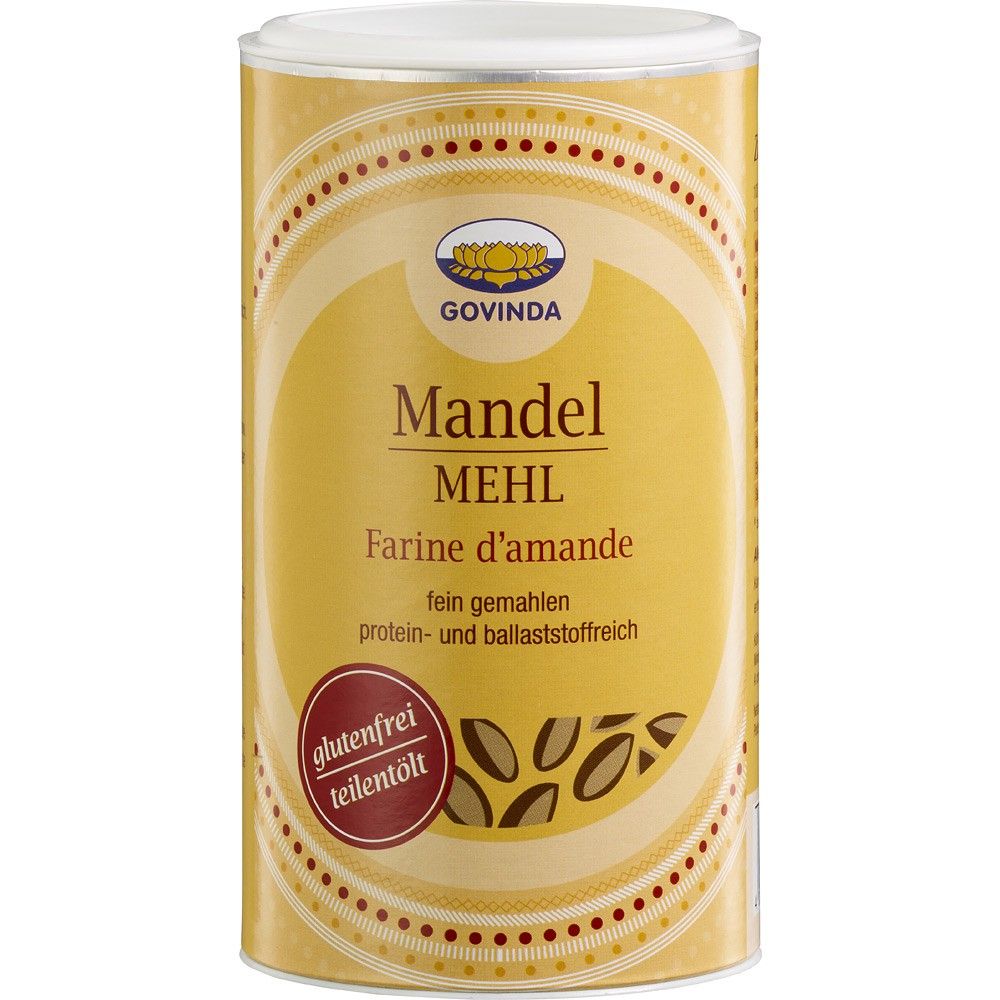 Făină bio de migdale Govinda 200g, ambalaj galben, fără gluten.