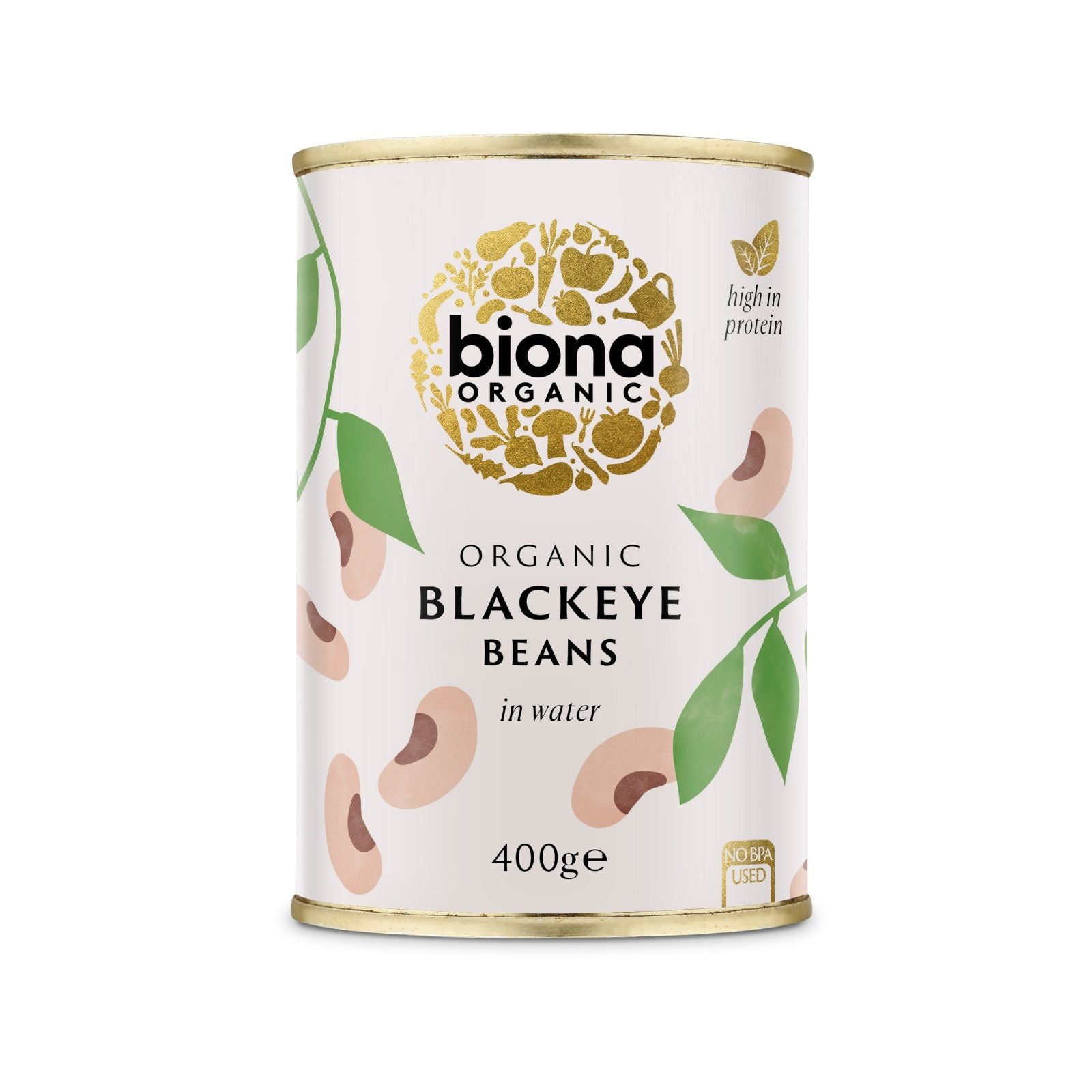 Conservă metalică fasole albă Blackeye Biona bio 400g, design alb-verde, etichetă cu detalii aurii.