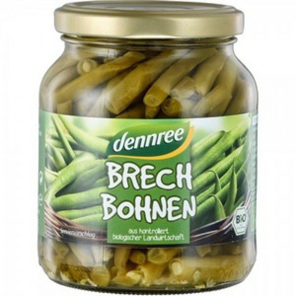 Fasole franțuzească bio pastăi Dennree, borcan 340g, etichetă verde, capac metalic auriu.