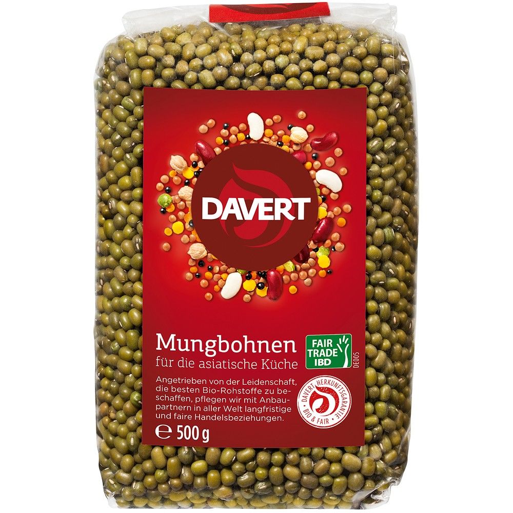 Fasole mung bio verde în ambalaj roșu, 500g, Davert, etichetă detaliată.