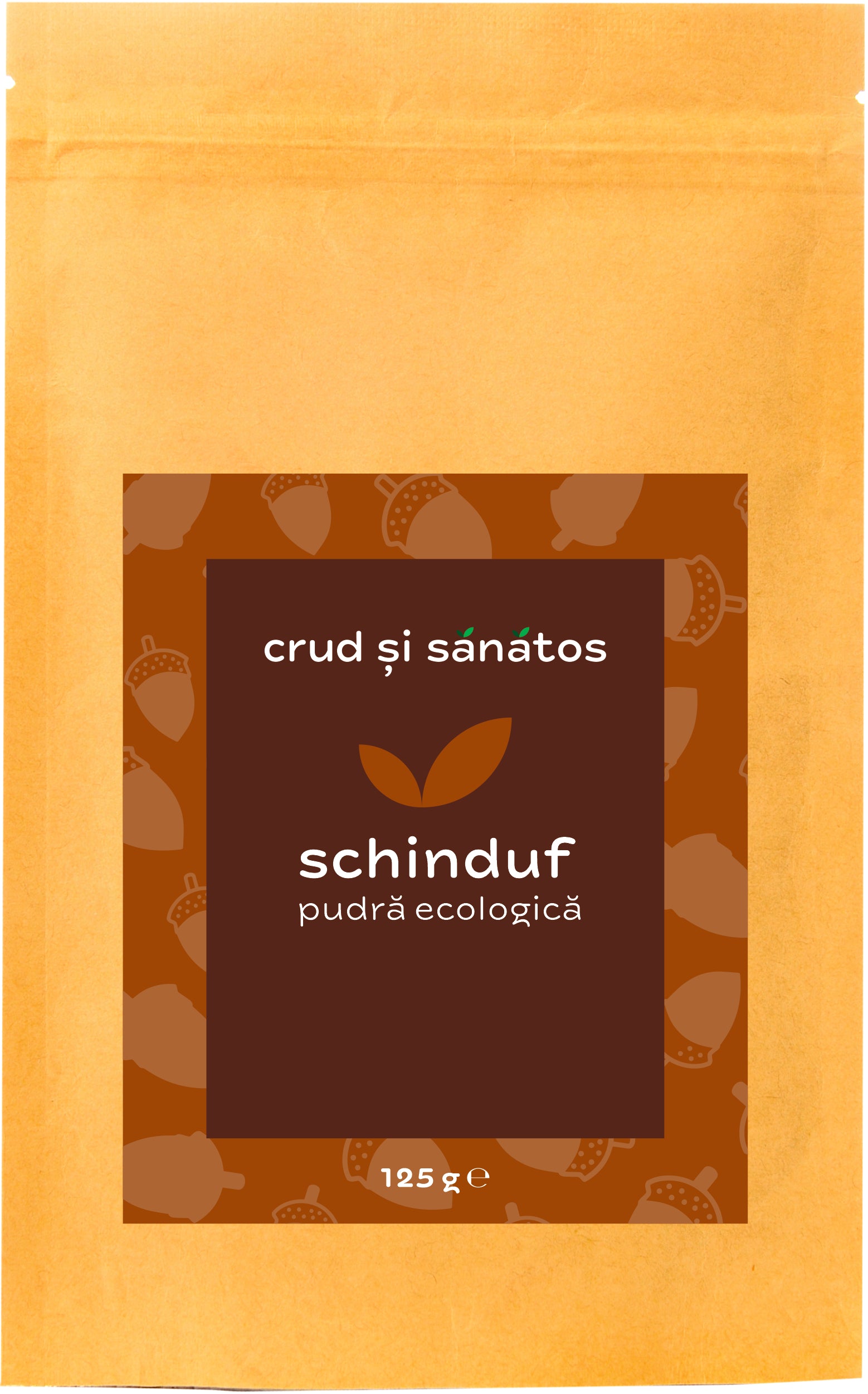 Pachet șinduf pudră ecologică 125g, design maro și galben, etichetat "crud și sănătos