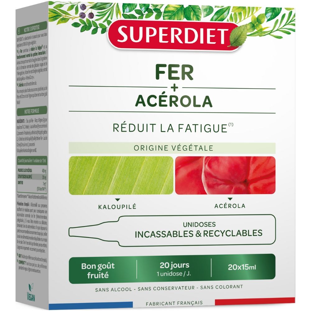 FIER NATURAL + ACEROLA, 20 fiole PP x 15ml, cutie albă-verde, SUPERDIET.