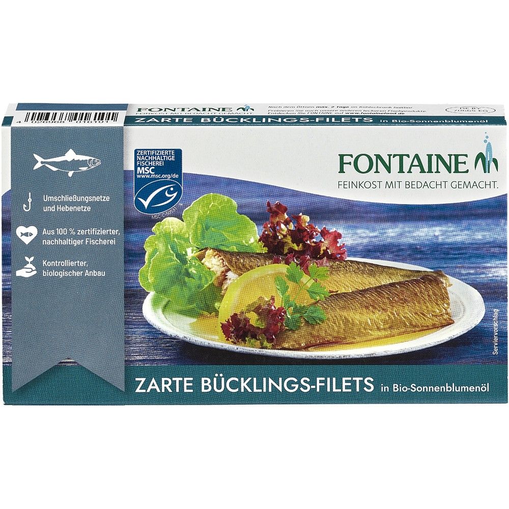 File de hering afumat în ulei bio Fontaine, 190g, verde, etichetă albastră, felii lămâie.