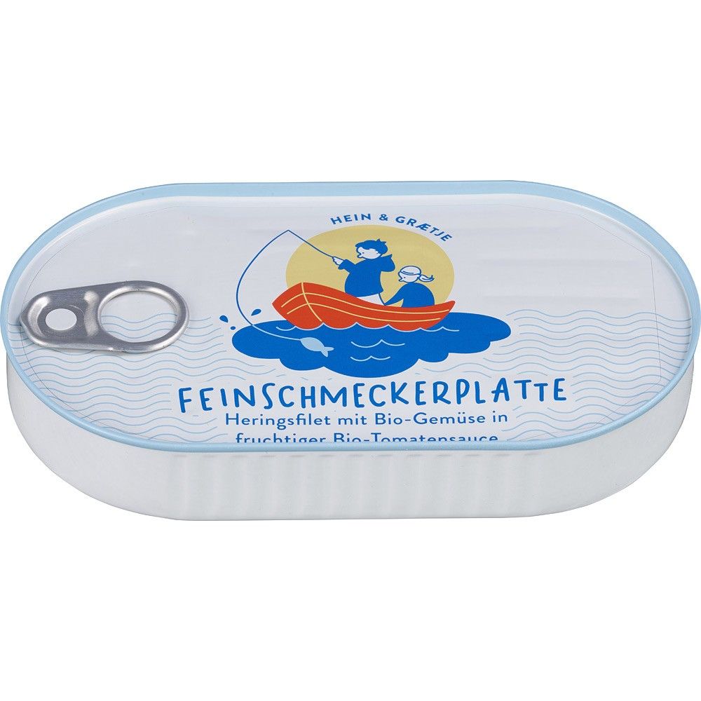 Conservă albastră cu file de hering și legume în sos de roșii bio, 200g Hein Graetje.