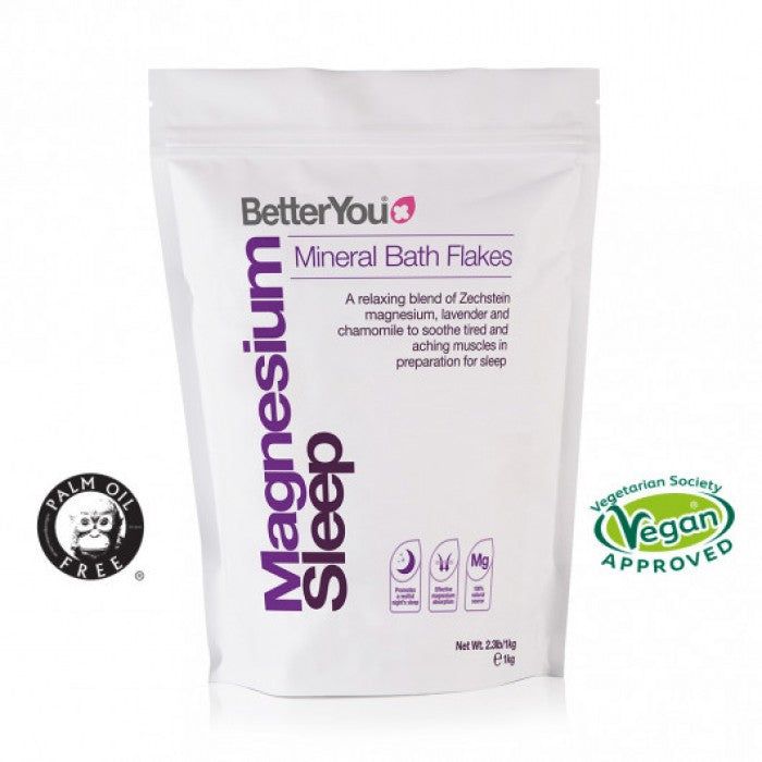 Fulgii de baie BetterYou cu magneziu pentru somn, ambalaj alb 1000g, aprobați vegan.