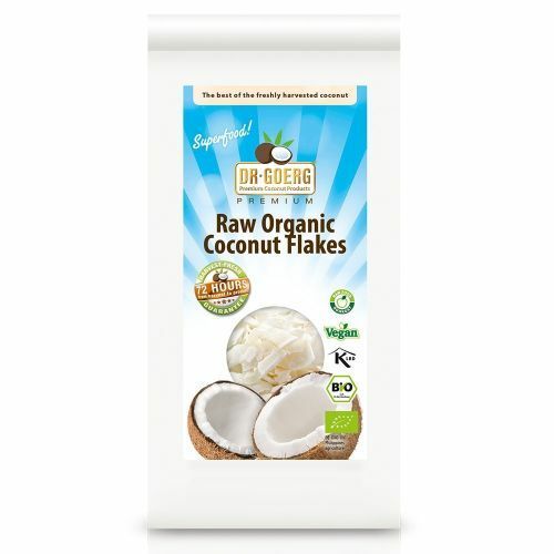 Fulgi de cocos bio, 300g, Dr. Goerg, ambalaj alb cu detalii privind prospețimea și certificarea organică.
