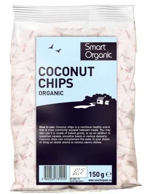 Fulgi raw de cocos eco 150g Smart Organic, ambalaj transparent cu etichetă alb-negru.