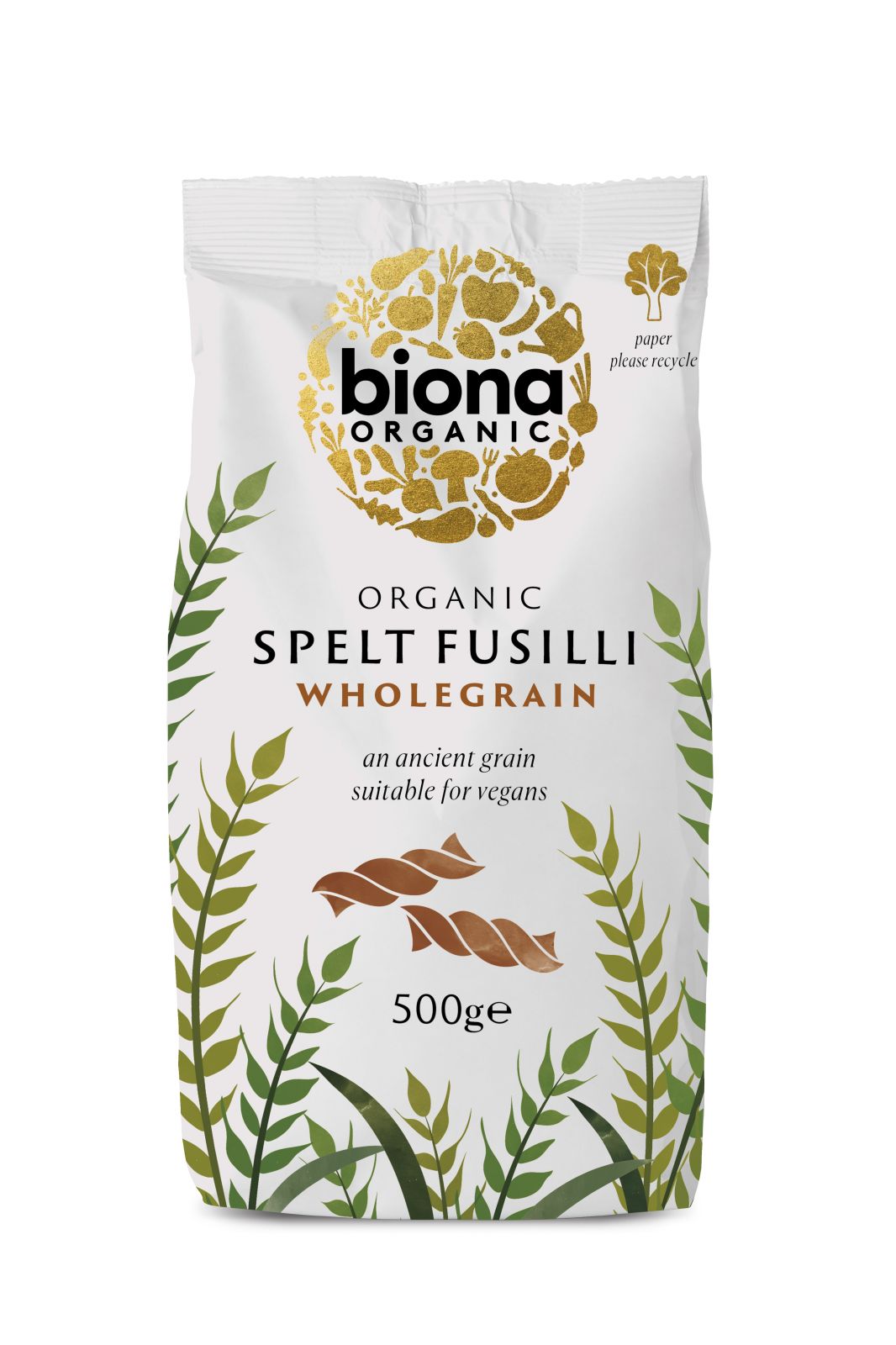 Pachet Fusilli Biona 500g spelta integrală, eco, fundal alb, verde.