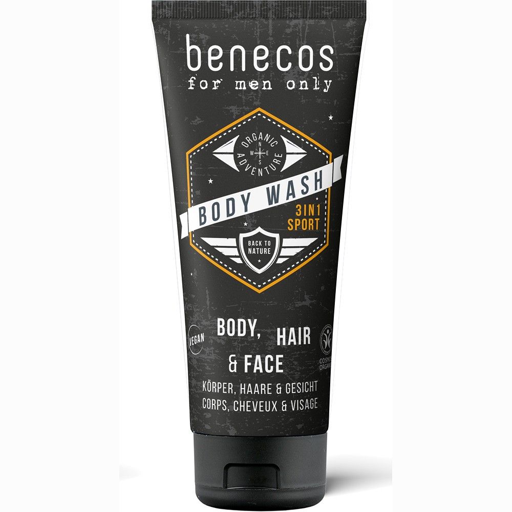 Gel de dus 3 in 1 Men Benecos, 200ml, negru, etichetă alb-galben, vegan, pentru corp, față și păr.