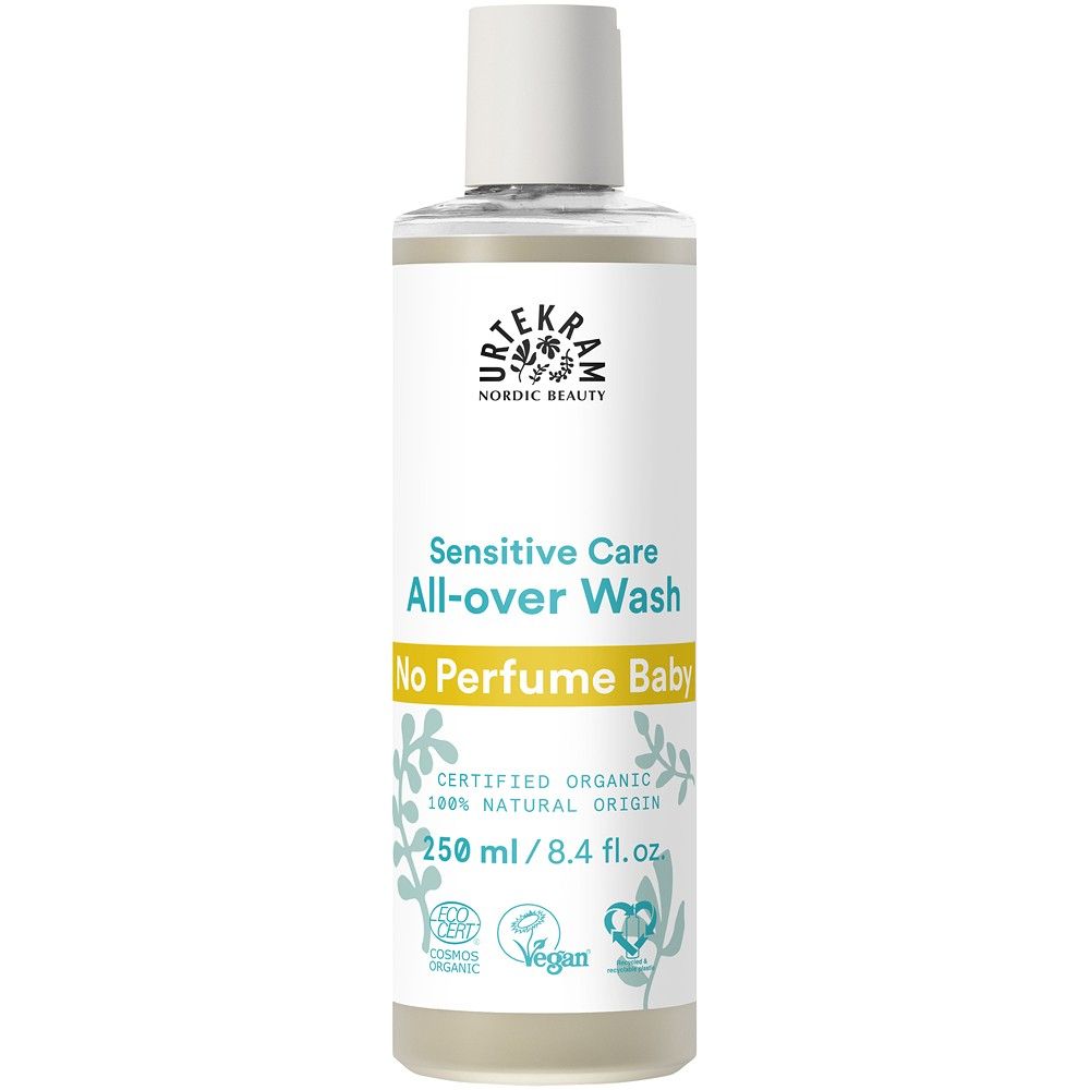 Gel de duș și șampon fără parfum Urtekram, 250ml, etichetă albă cu inscripții albastre și galbene.