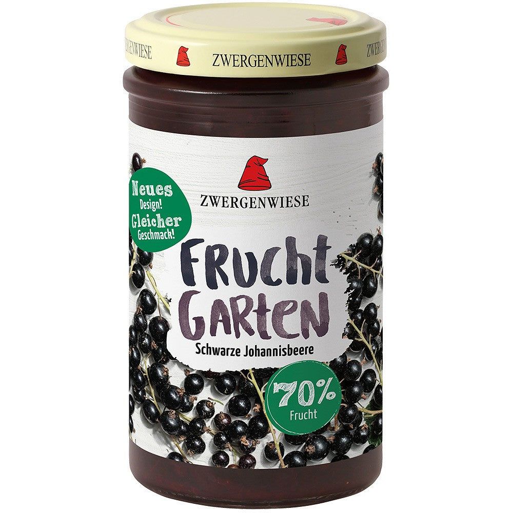 Gem de coacăze negre fără zahăr 225g Zwergenwiese, etichetă albă cu fructe negre.