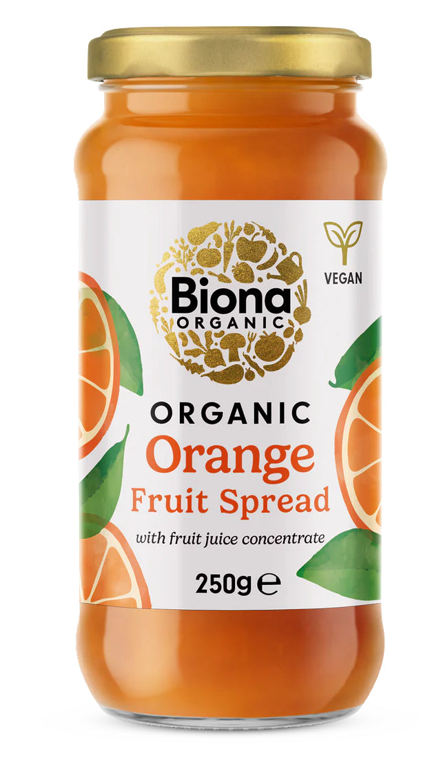 Gem de portocale bio Biona 250g, borcan transparent cu etichetă albă și motive de portocale.