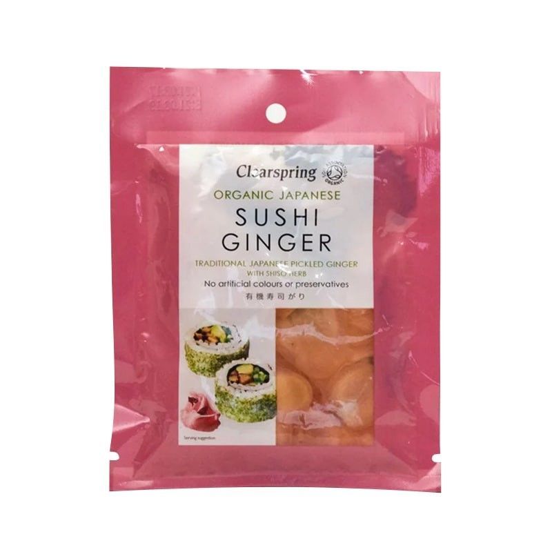 Pachet roz ghimbir murat eco Clearspring 50g, design simplu, text în engleză, sushi ilustrat.