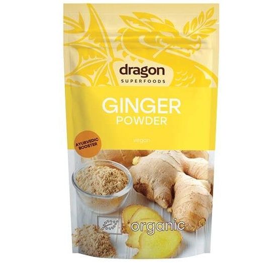 Ghimbir pudră eco 200g, vegan, bio, ambalaj galben, Dragon Superfoods.