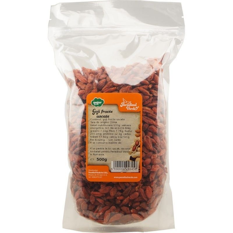 Goji Fructe Uscate, 500g, Paradisul Verde, ambalaj transparent, culoare roșie.