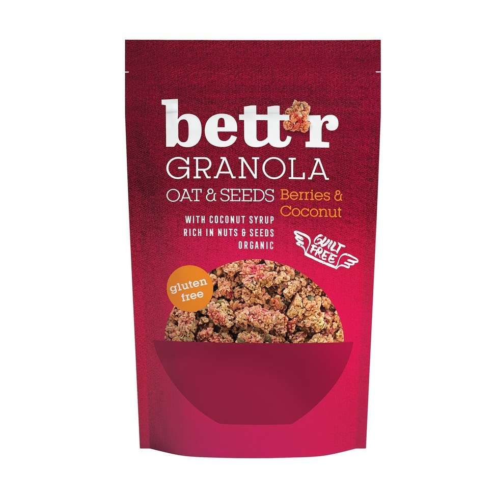 Granola eco fără gluten cu fructe de pădure și cocos Bettr 300g, pachet roșu.