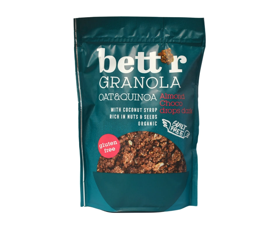 Granola cu migdale și ciocolată neagră fără gluten Bettr 300g, ambalaj verde-albastru.