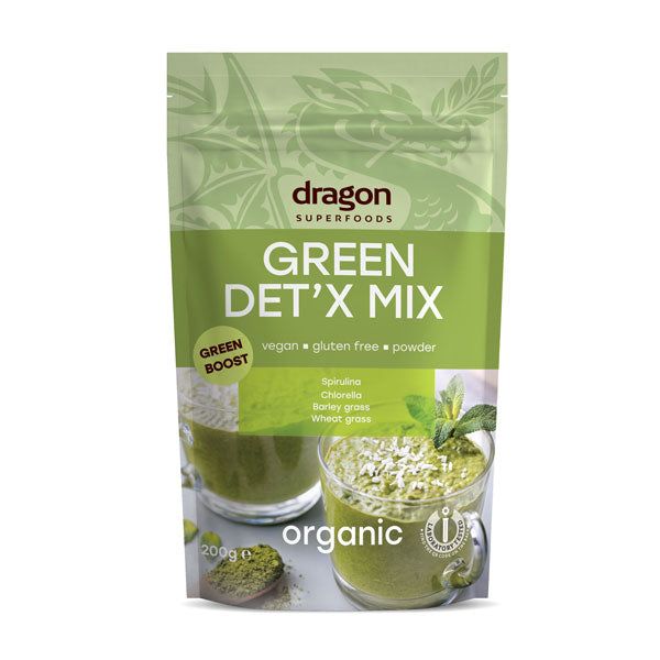 Green Detox Mix eco 200g Dragon Superfoods, ambalaj verde, ingrediente organice, spirulină, chlorella, fără gluten.