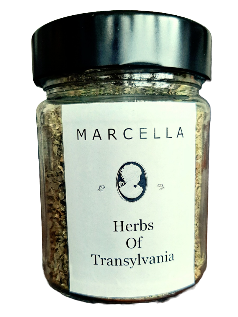 Borcan sticlă cu Herbs of Transylvania, capac negru, 40g, marcella signature products.