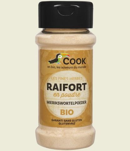 Hrean pudră bio 45g Cook, recipient solniță, etichetă maro cu accente galbene.