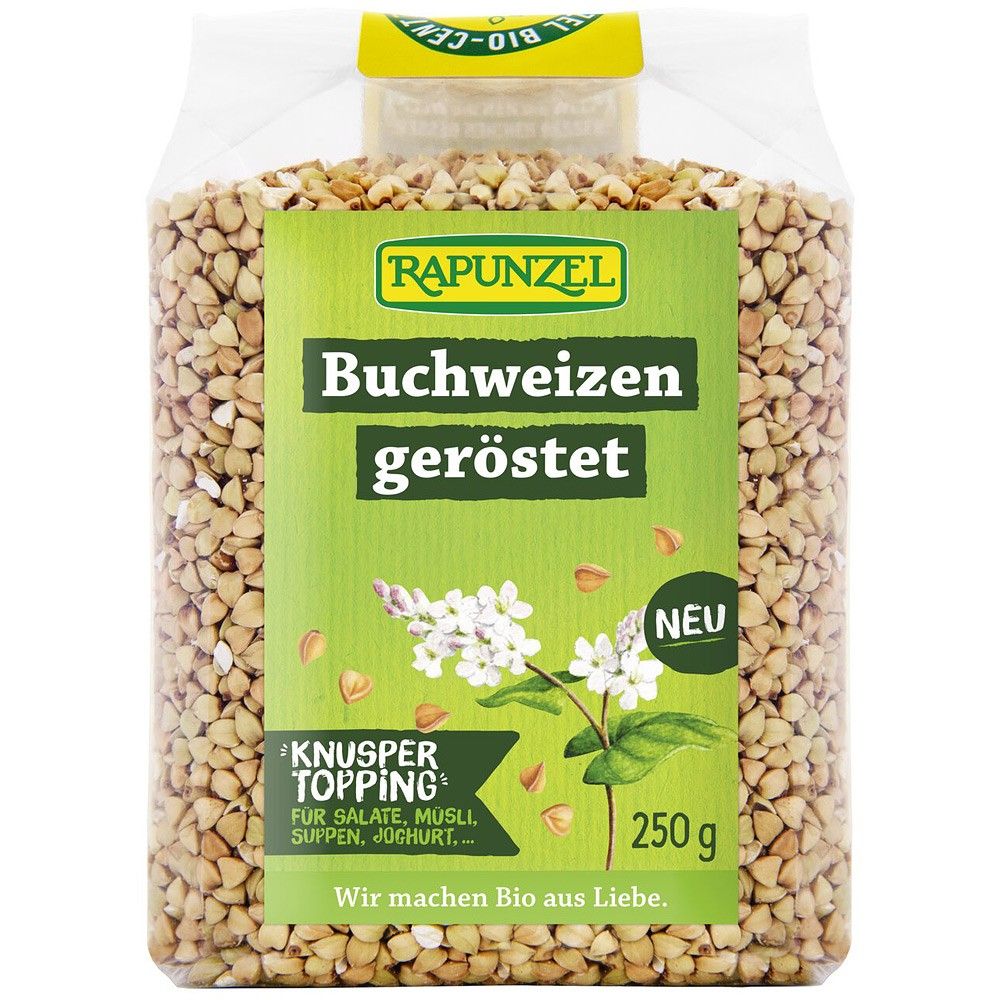 Hrișcă bio prăjită Rapunzel 250g, într-un ambalaj verde, cu ilustrație de plantă pe etichetă.