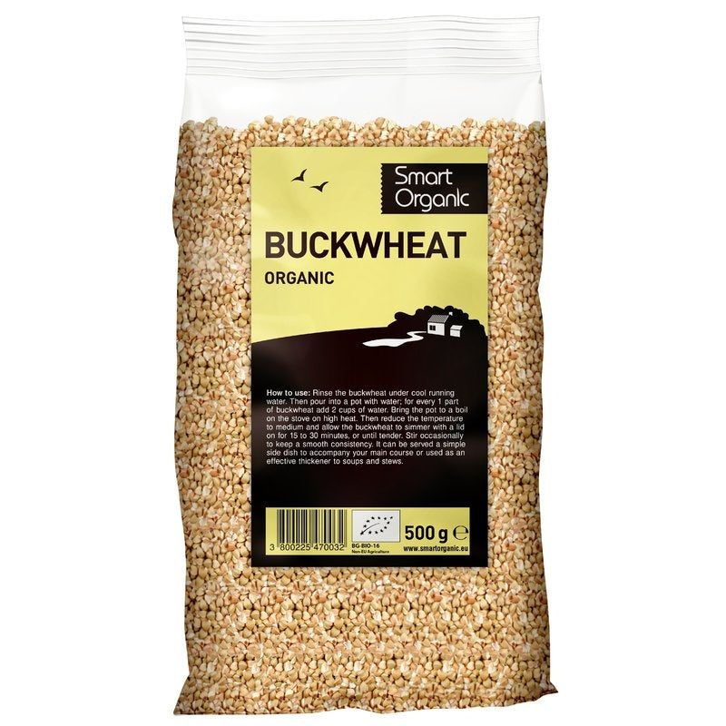 Hrișcă integrală eco 500g, ambalaj transparent, eticheta galben-negru Smart Organic.