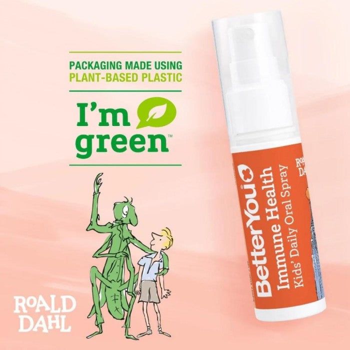 Spray oral pentru imunitate copii, BetterYou, ambalaj din plastic vegetal, etichetă portocalie, capac alb.