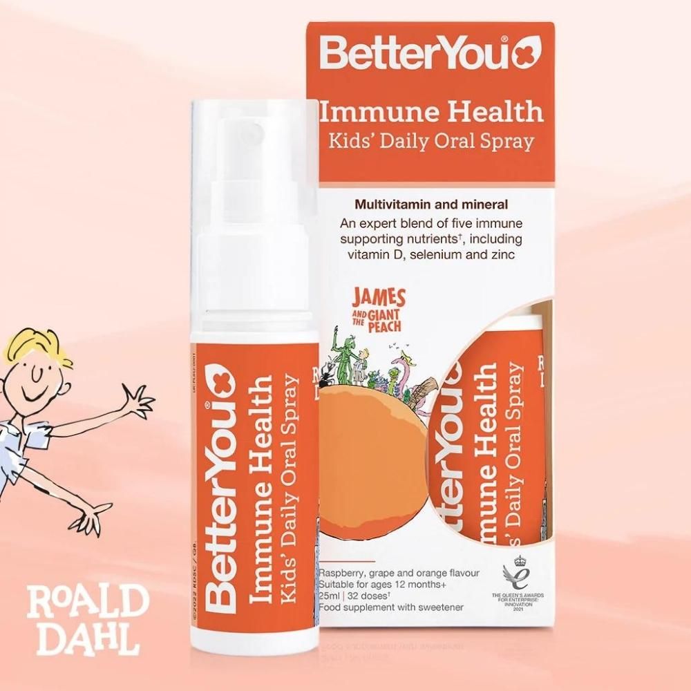 Spray oral copii BetterYou, 25 ml, aromă fructe, cutie portocalie, supliment imunitate.